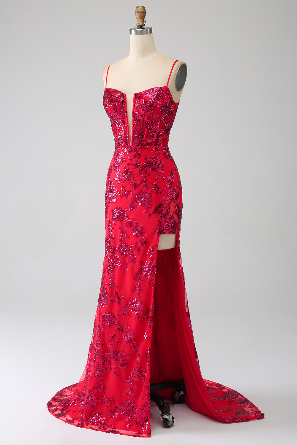 Robe de bal sirène rouge foncé à sequins avec fente