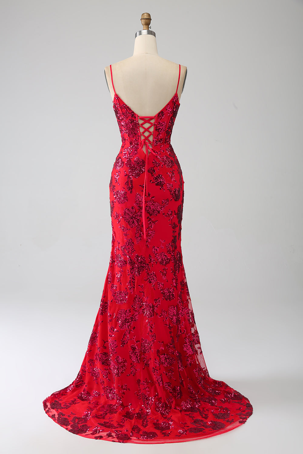 Robe de bal sirène rouge foncé à sequins avec fente