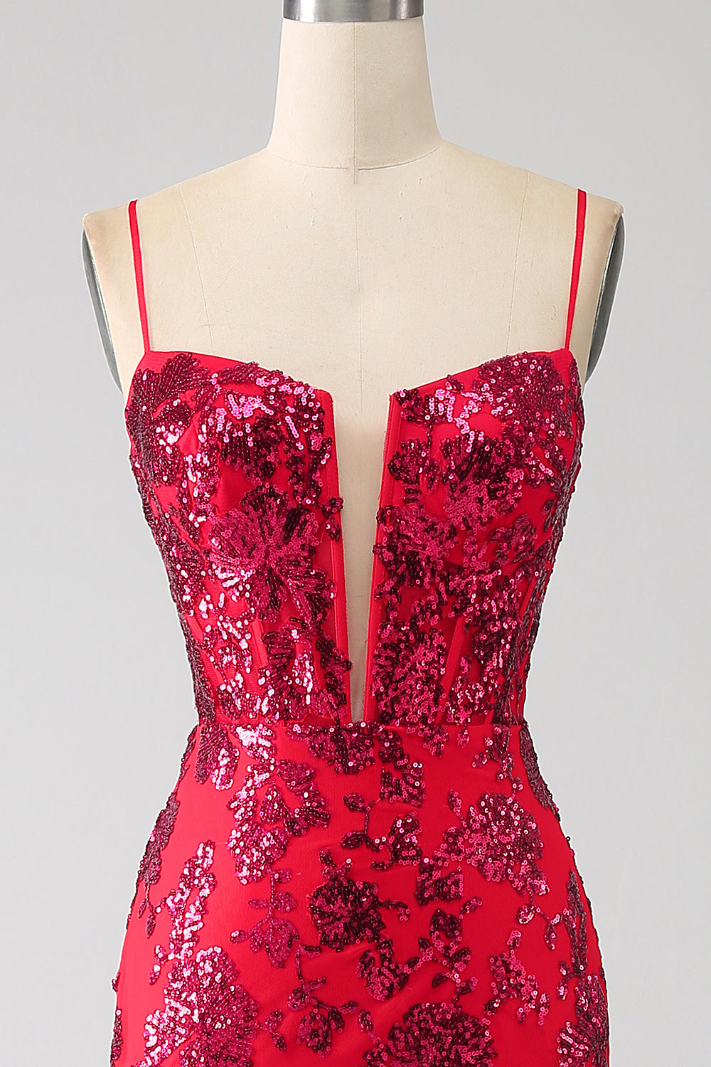 Robe de bal sirène rouge foncé à sequins avec fente