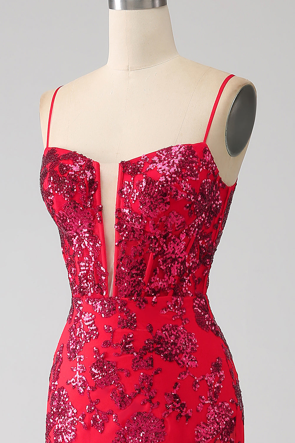 Robe de bal sirène rouge foncé à sequins avec fente