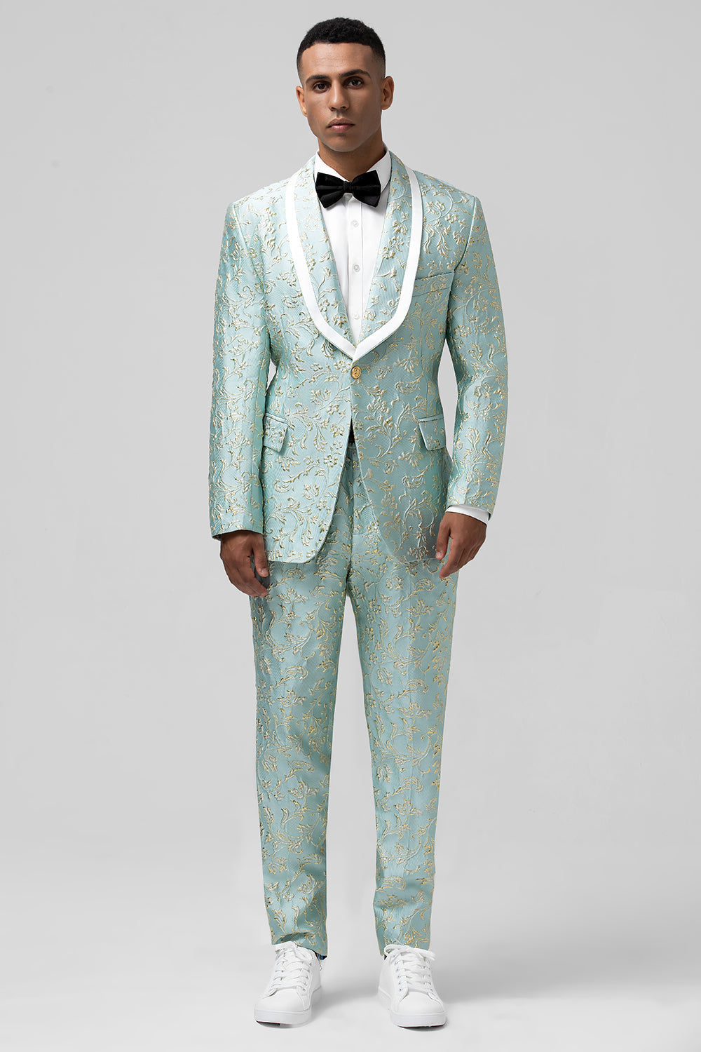 Costume de bal deux pièces pour homme en jacquard boutonné avec revers en pointe menthe