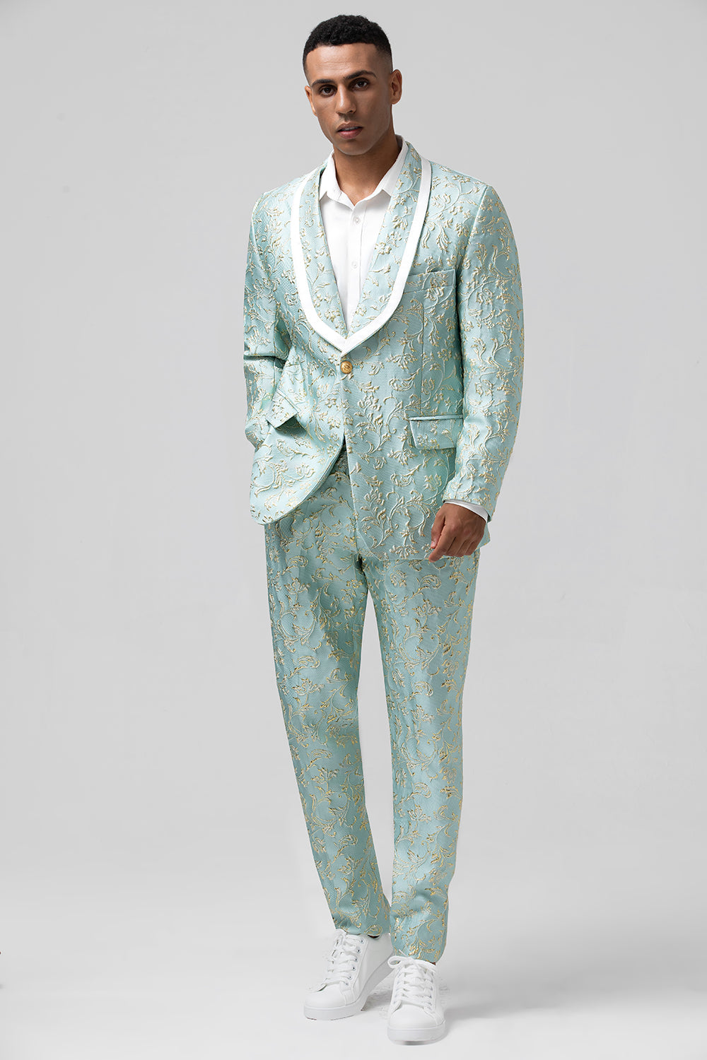 Costume de bal deux pièces pour homme en jacquard boutonné avec revers en pointe menthe