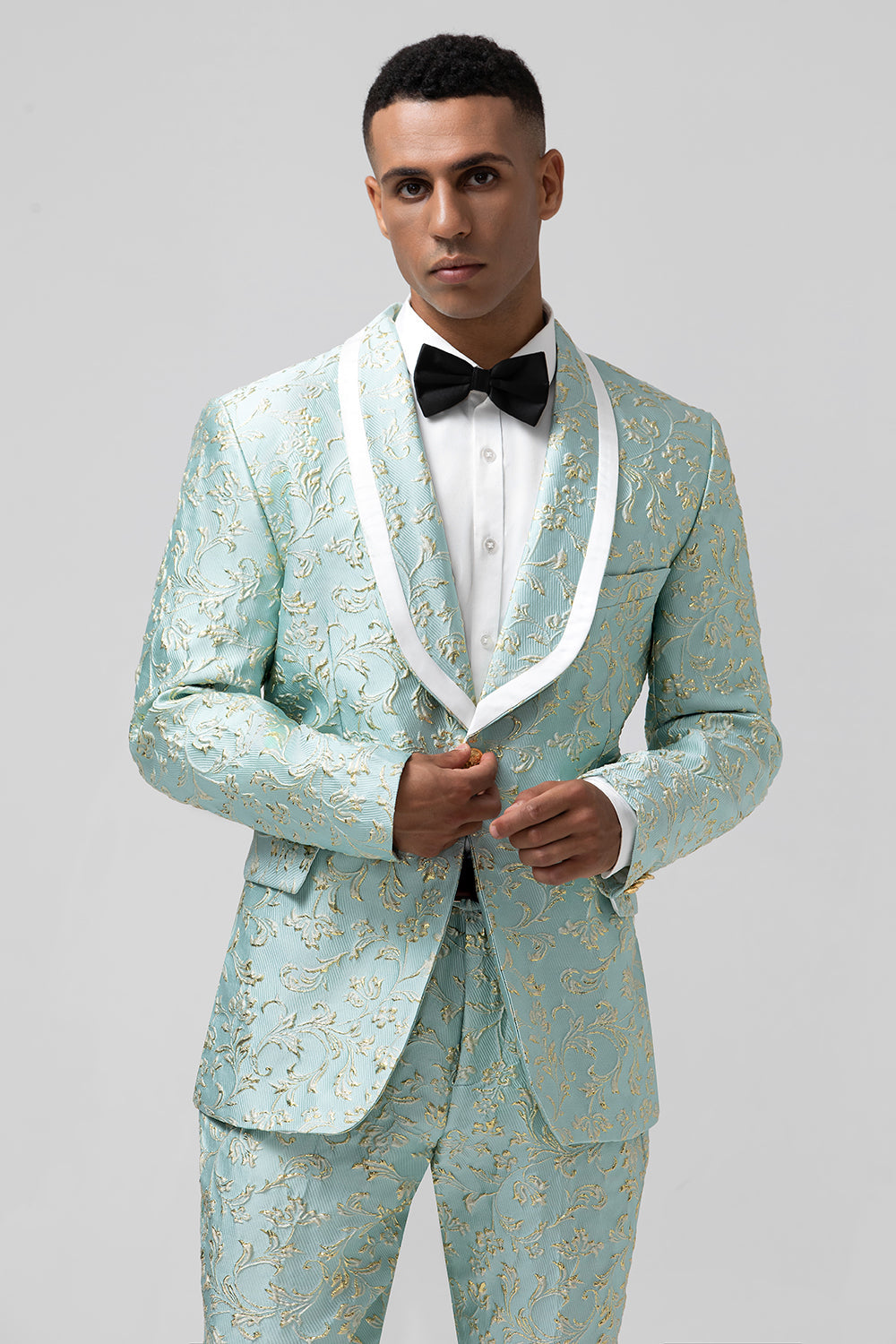 Costume de bal deux pièces pour homme en jacquard boutonné avec revers en pointe menthe