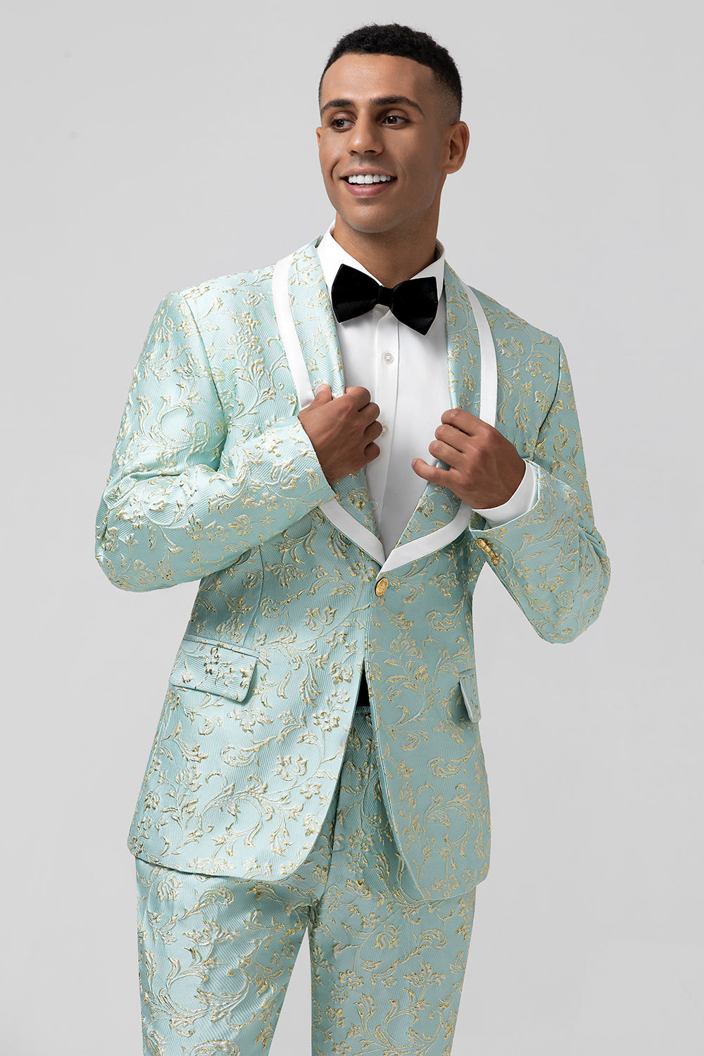 Costume de bal deux pièces pour homme en jacquard boutonné avec revers en pointe menthe