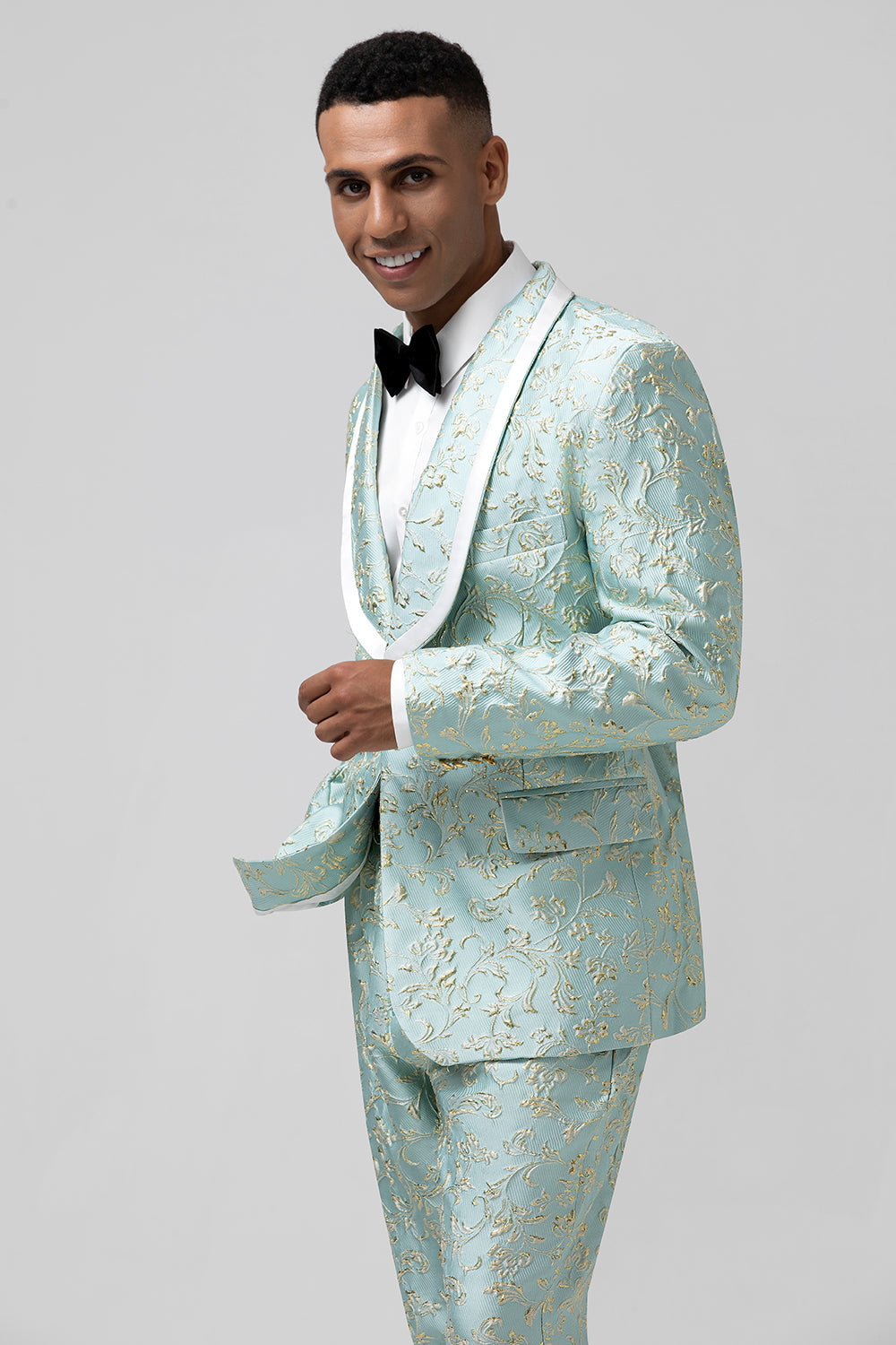 Costume de bal deux pièces pour homme en jacquard boutonné avec revers en pointe menthe