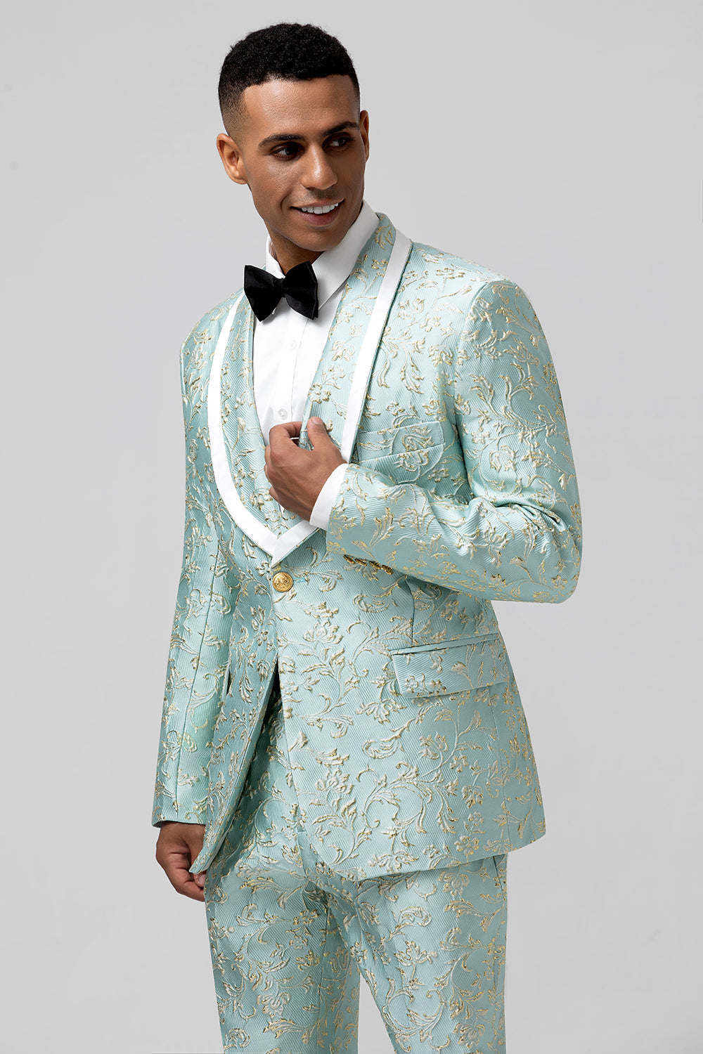 Costume de bal deux pièces pour homme en jacquard boutonné avec revers en pointe menthe