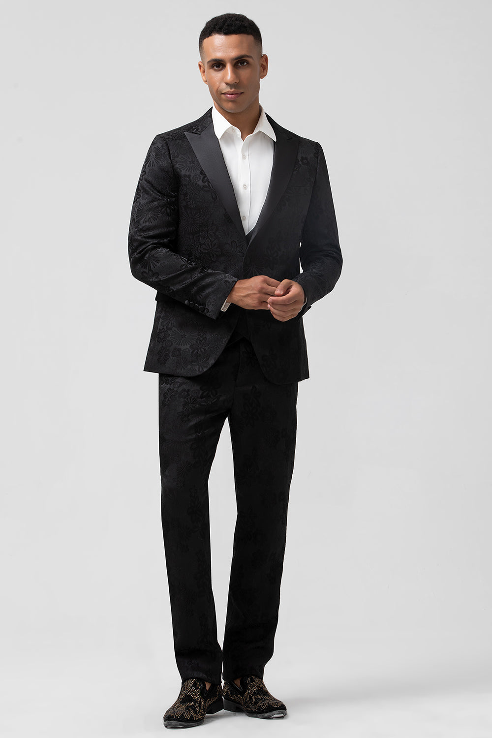 Costumes de bal pour homme 3 pièces bleu foncé à revers pointus et jacquard à un bouton