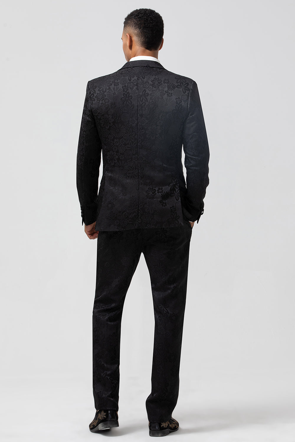 Costumes de bal pour homme 3 pièces bleu foncé à revers pointus et jacquard à un bouton