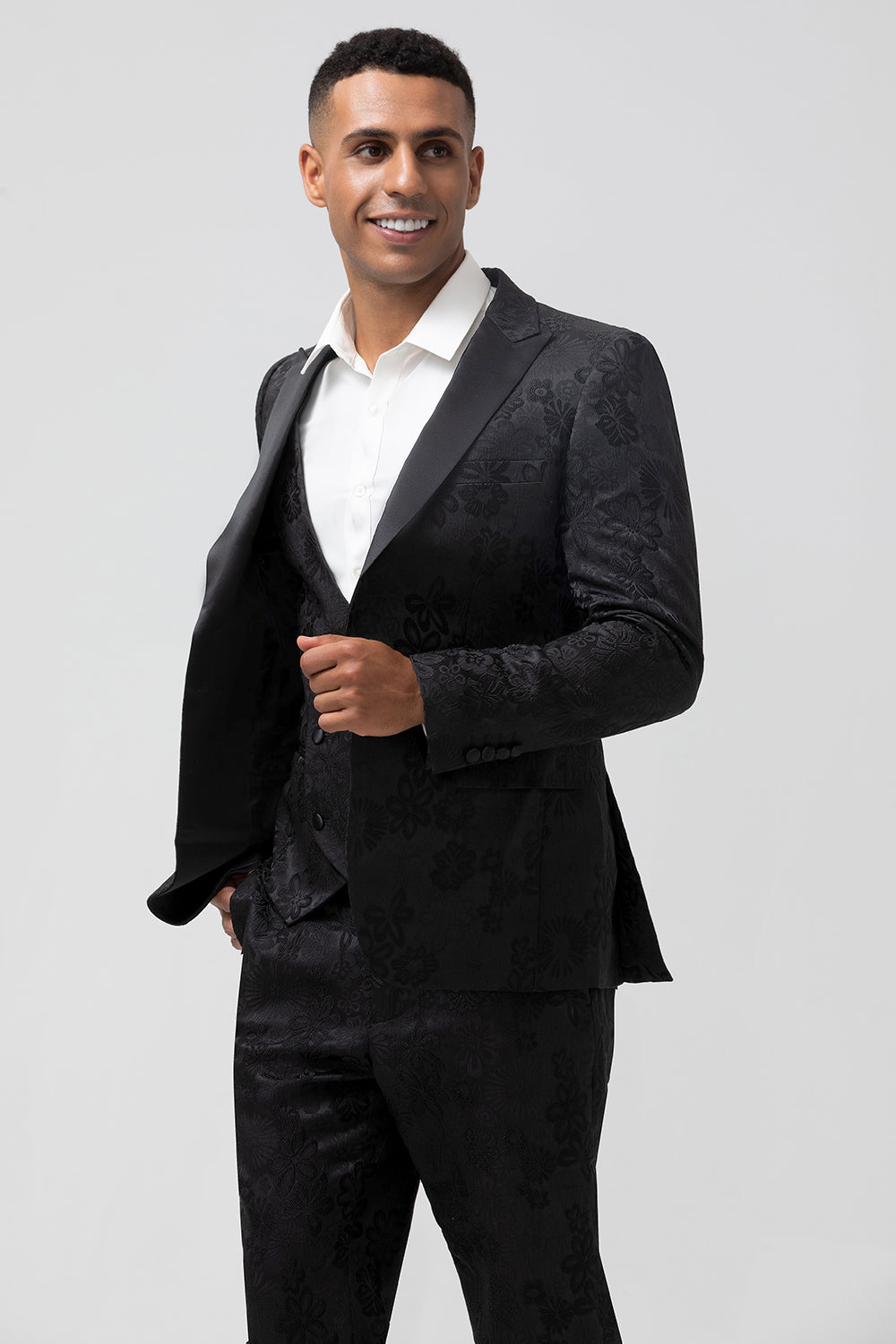 Costumes de bal pour homme 3 pièces bleu foncé à revers pointus et jacquard à un bouton