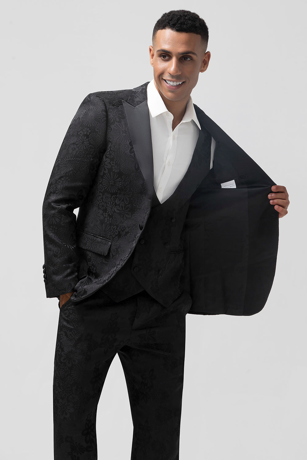 Costumes de bal pour homme 3 pièces bleu foncé à revers pointus et jacquard à un bouton