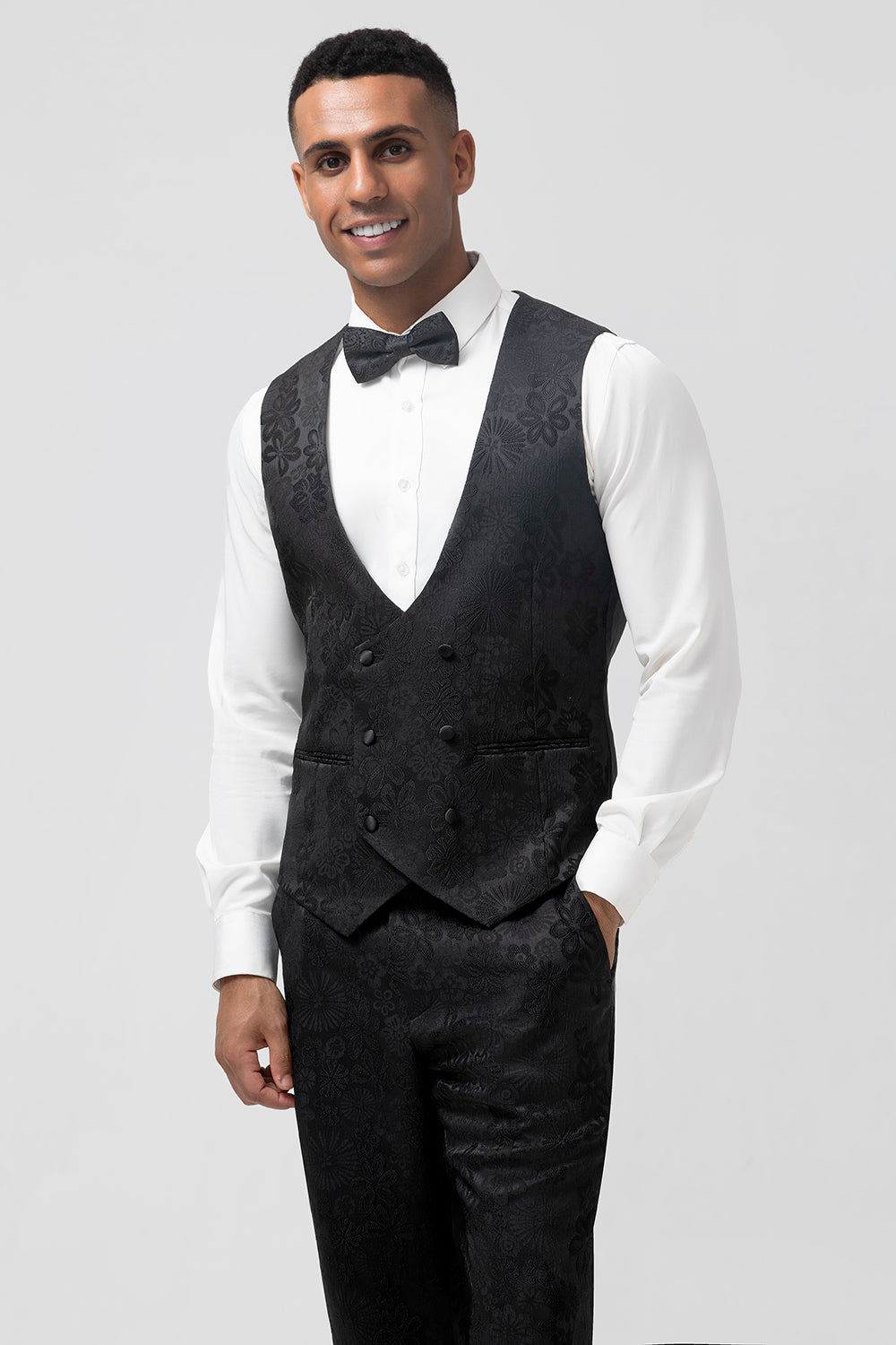 Costumes de bal pour homme 3 pièces bleu foncé à revers pointus et jacquard à un bouton