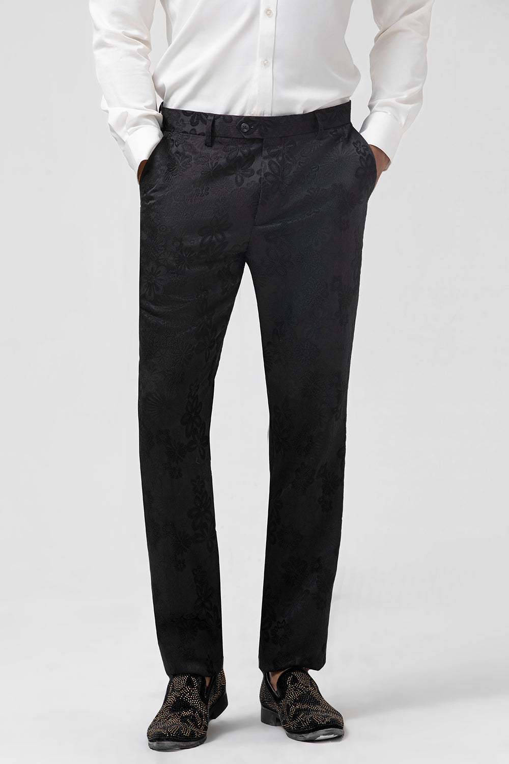 Costumes de bal pour homme 3 pièces bleu foncé à revers pointus et jacquard à un bouton