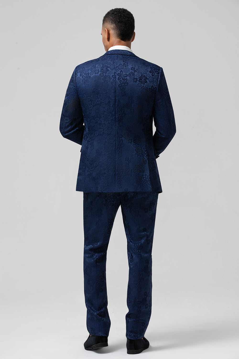 Costumes de bal pour homme 3 pièces bleu foncé à revers pointus et jacquard à un bouton