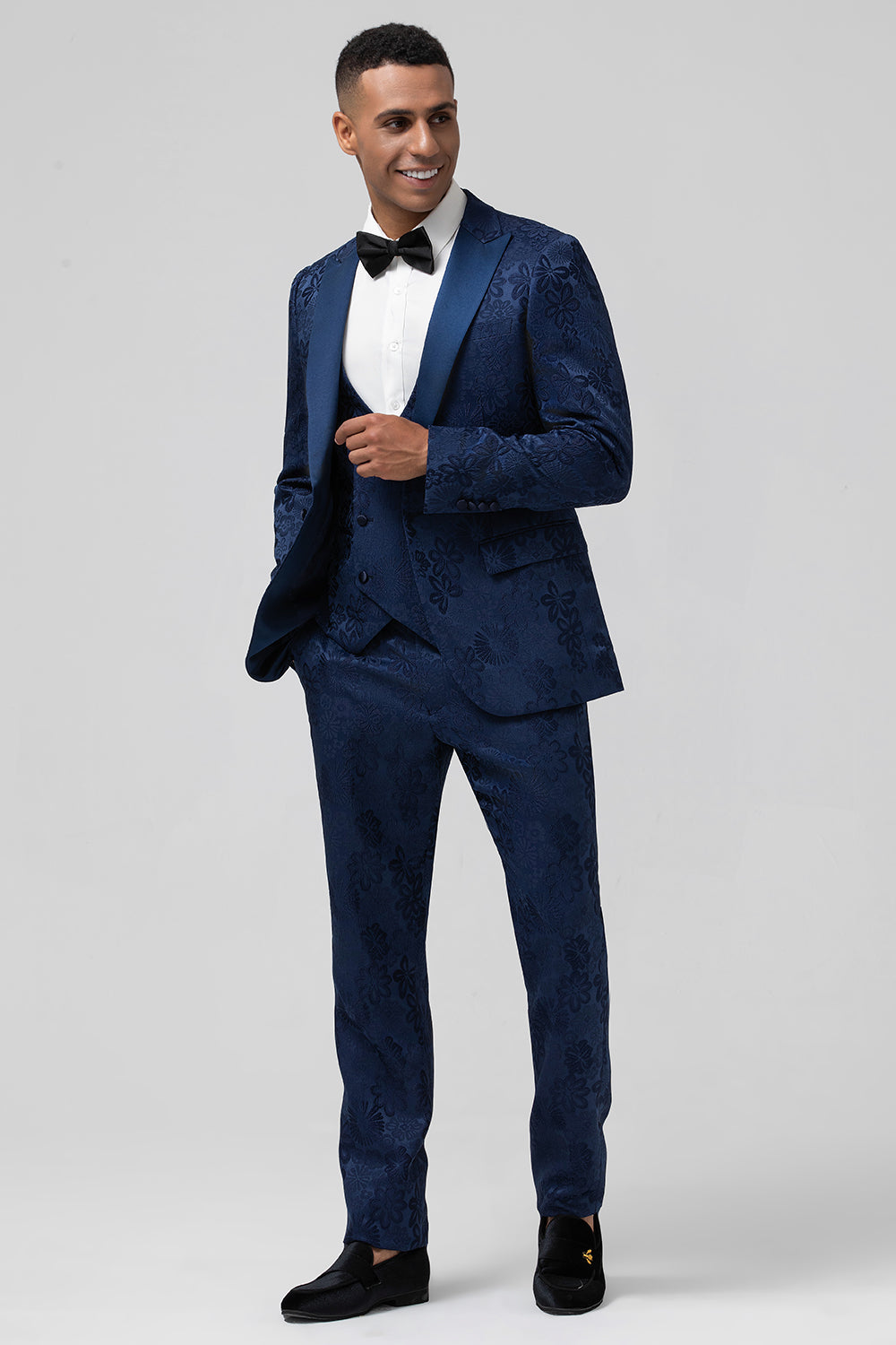 Costumes de bal pour homme 3 pièces bleu foncé à revers pointus et jacquard à un bouton