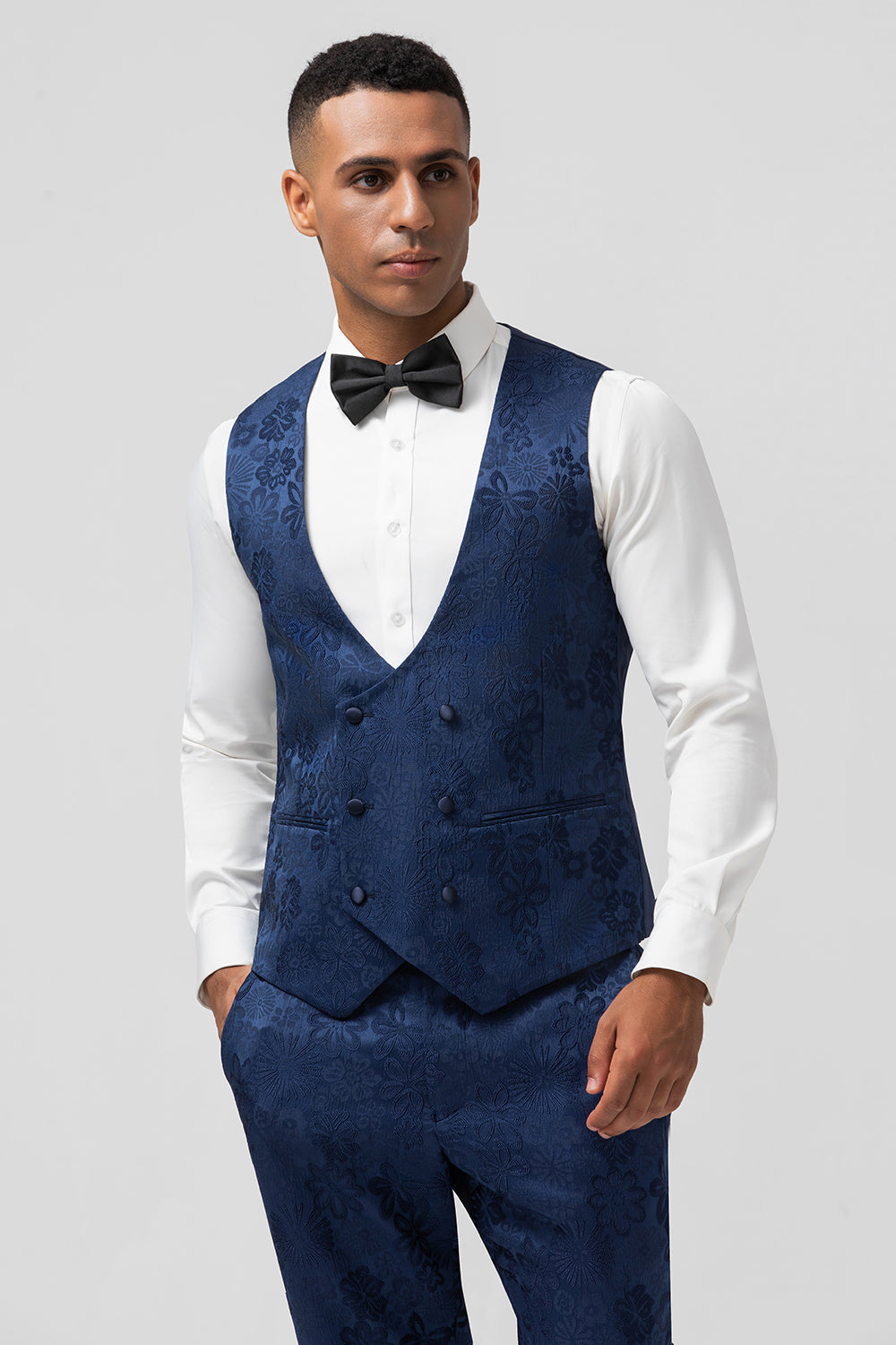 Costumes de bal pour homme 3 pièces bleu foncé à revers pointus et jacquard à un bouton
