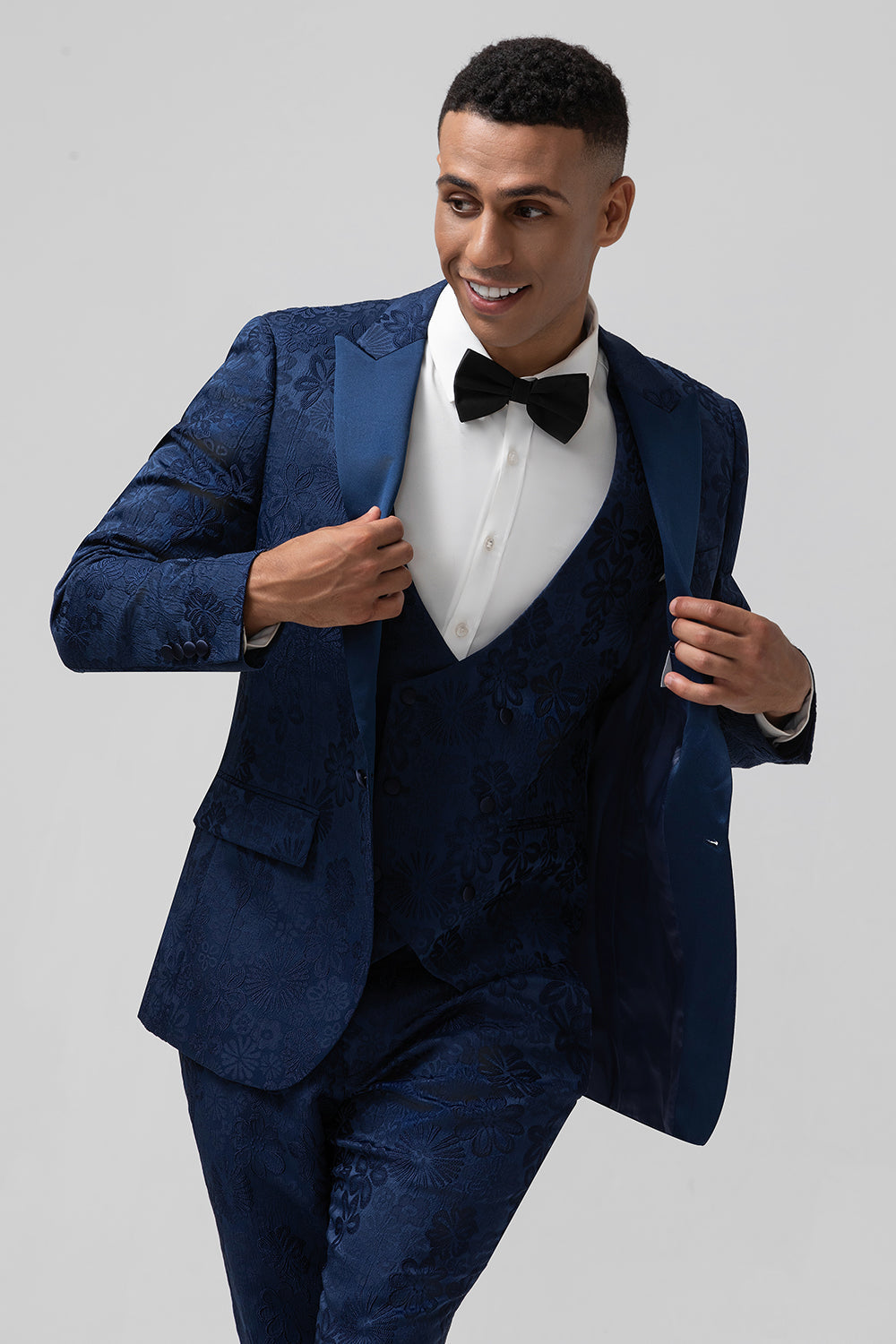 Costumes de bal pour homme 3 pièces bleu foncé à revers pointus et jacquard à un bouton