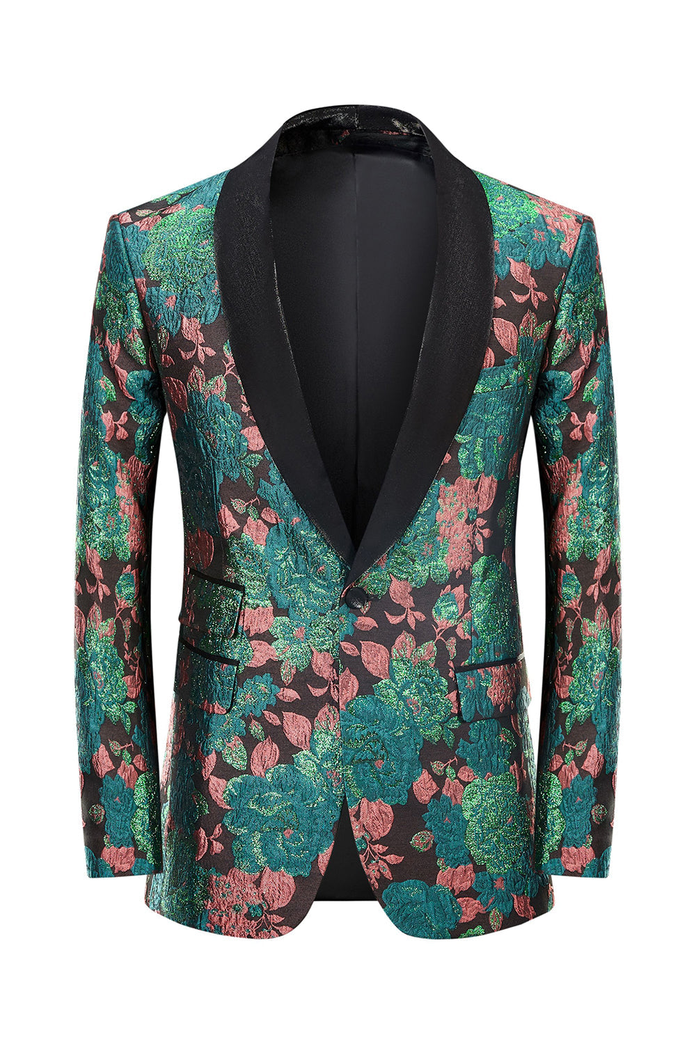 Veste de costume pour homme à revers châle vert, motif floral jacquard, Blazer de bal de retour à la maison