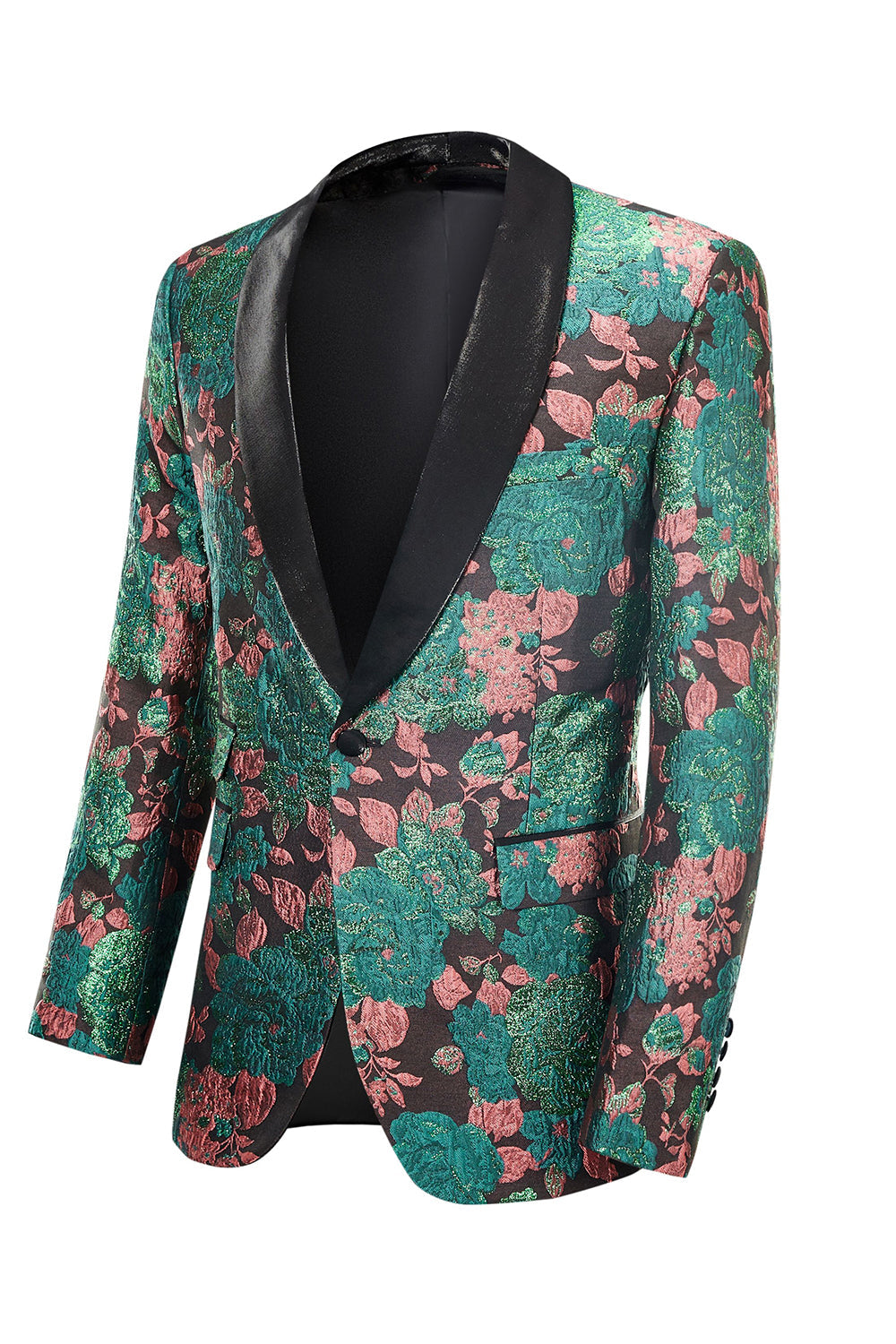 Veste de costume pour homme à revers châle vert, motif floral jacquard, Blazer de bal de retour à la maison