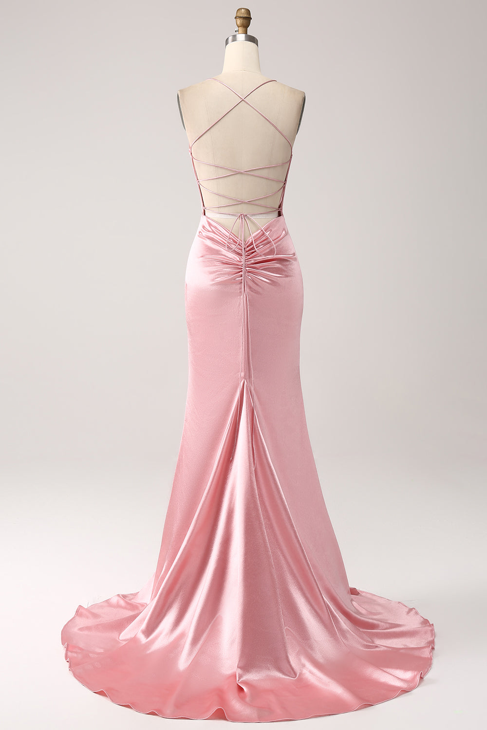 Robe de bal longue sirène à fines bretelles rose fard à joues