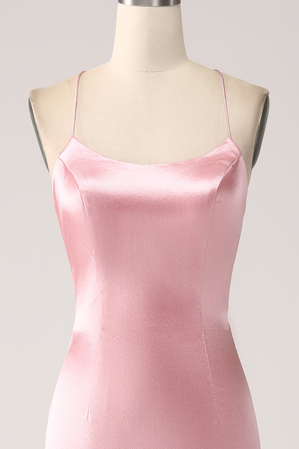 Robe de bal longue sirène à fines bretelles rose fard à joues