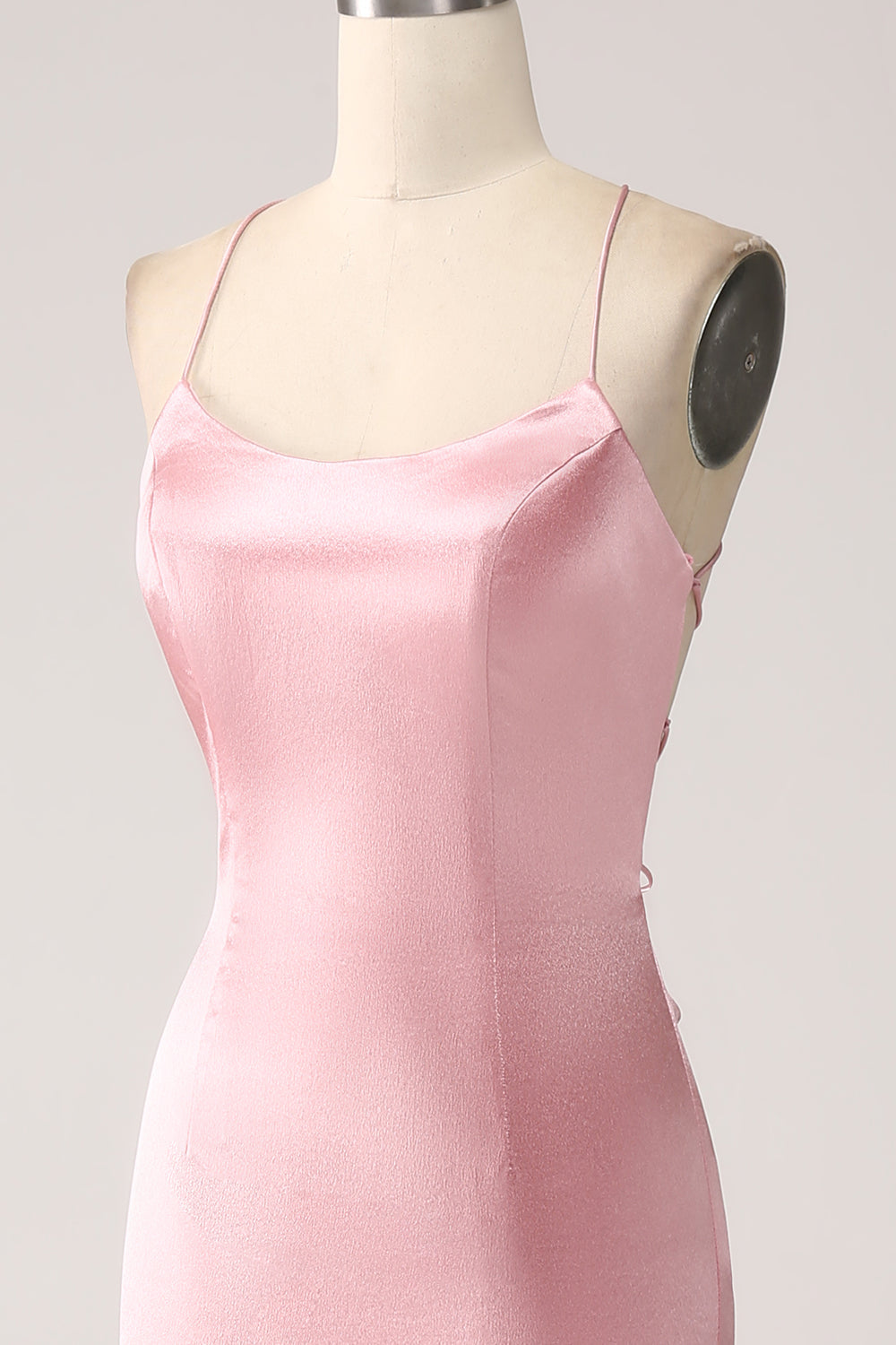 Robe de bal longue sirène à fines bretelles rose fard à joues