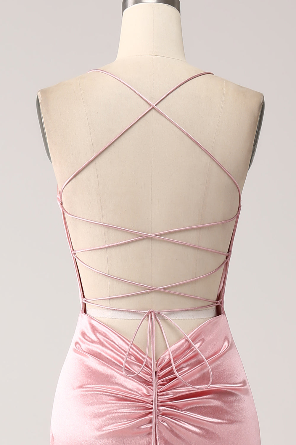 Robe de bal longue sirène à fines bretelles rose fard à joues