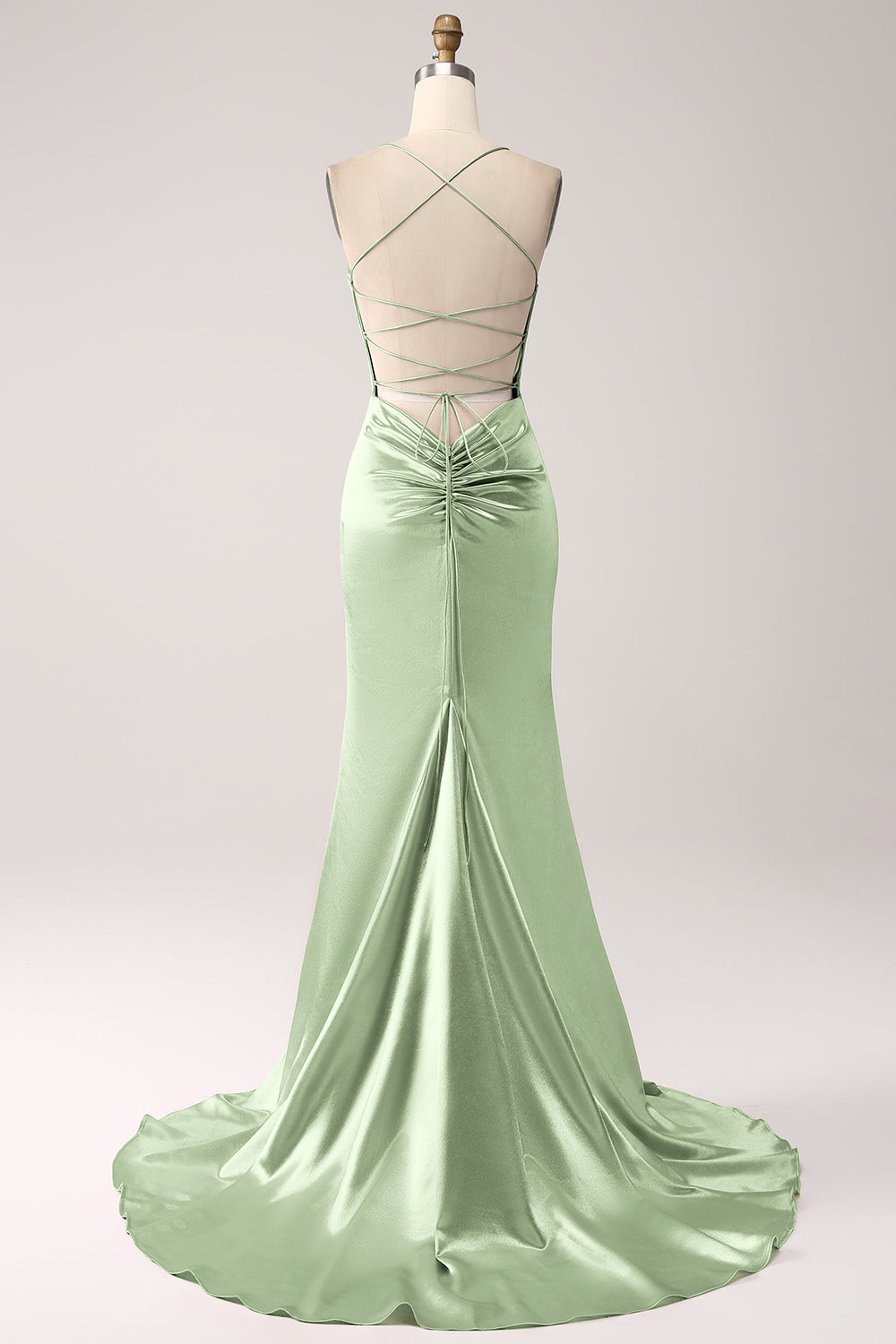 Robe de bal longue sirène à fines bretelles rose fard à joues