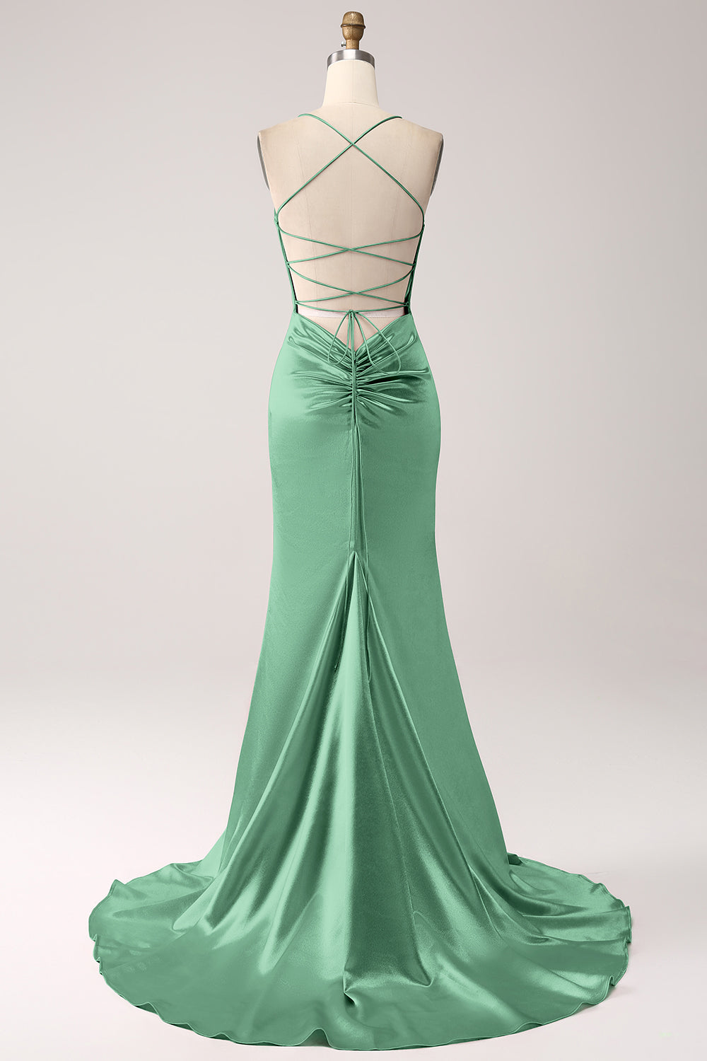 Robe de bal longue sirène à fines bretelles rose fard à joues