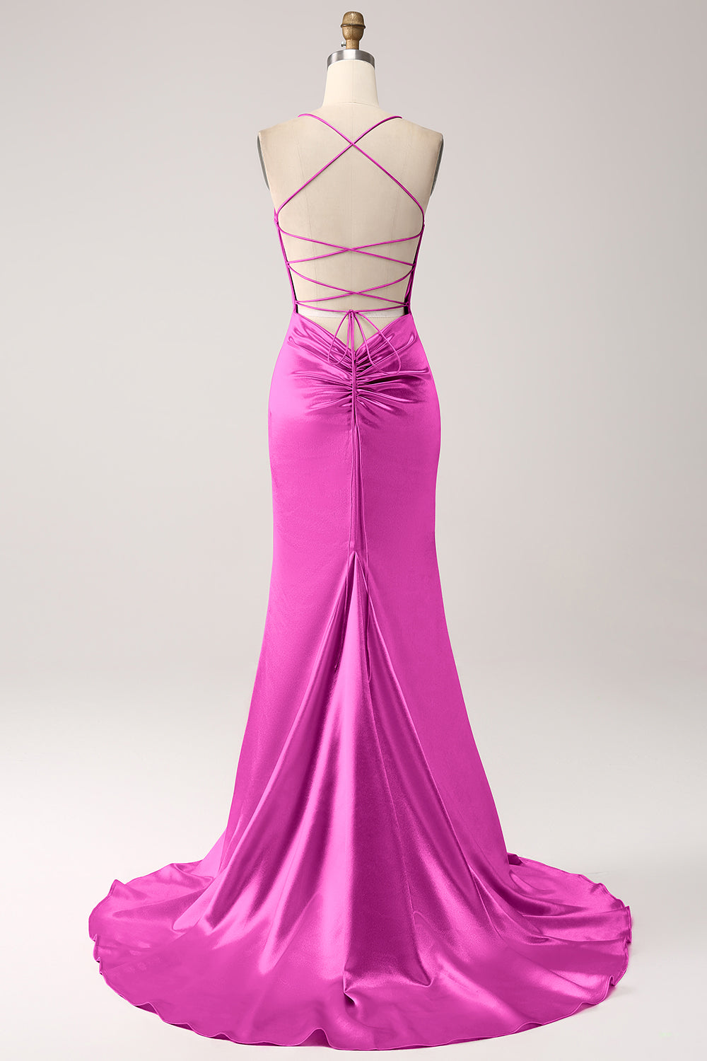 Robe de bal longue sirène à fines bretelles rose fard à joues
