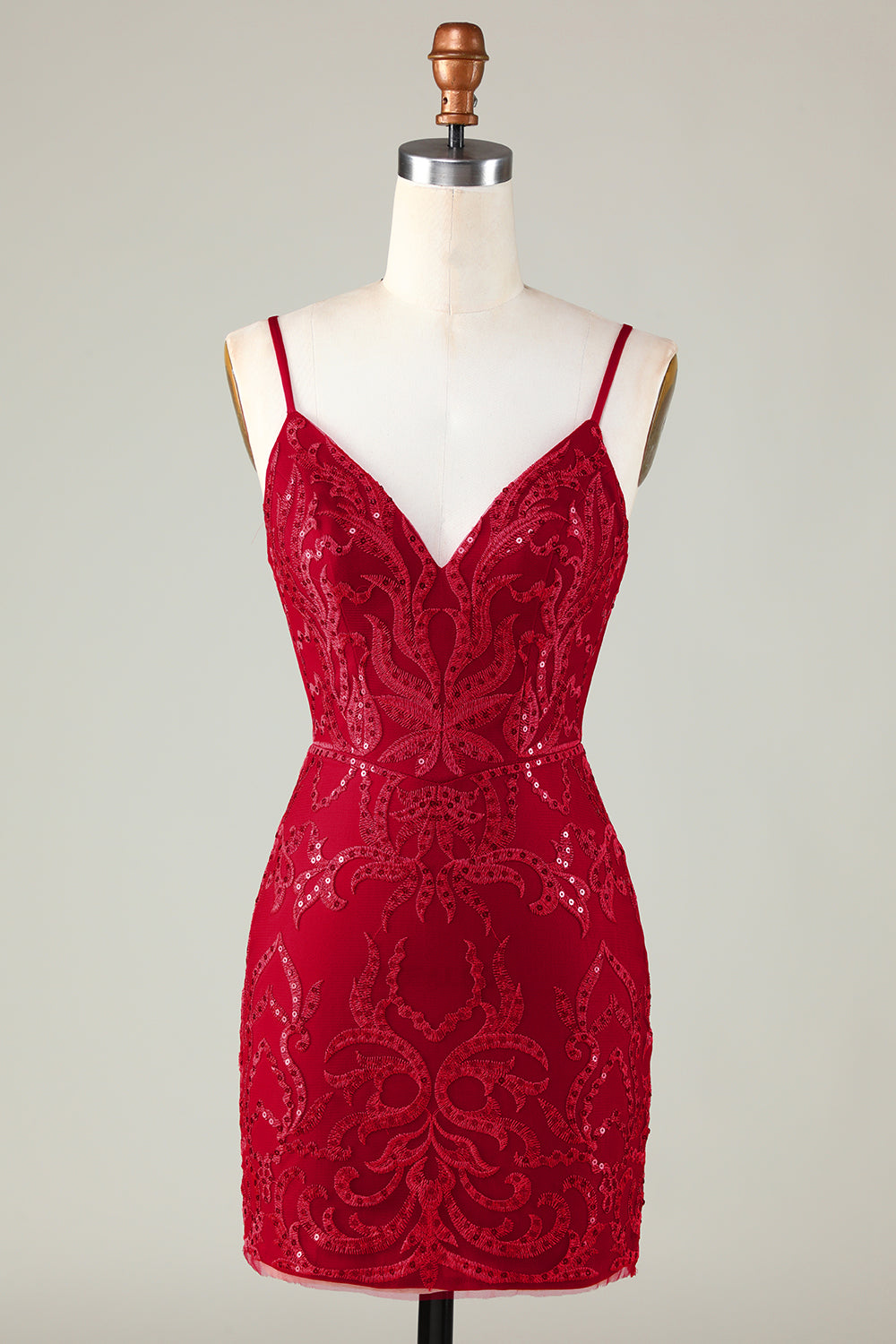 Robe de bal courte moulante à bretelles spaghetti en sequins rouge foncé scintillants