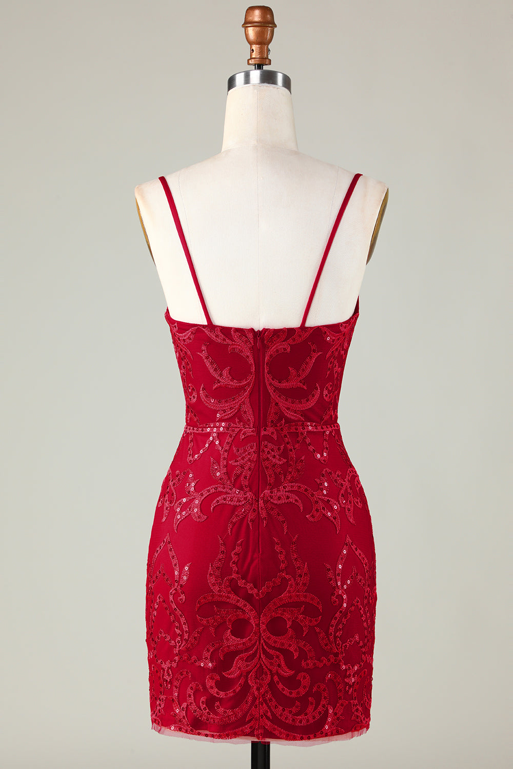 Robe de bal courte moulante à bretelles spaghetti en sequins rouge foncé scintillants