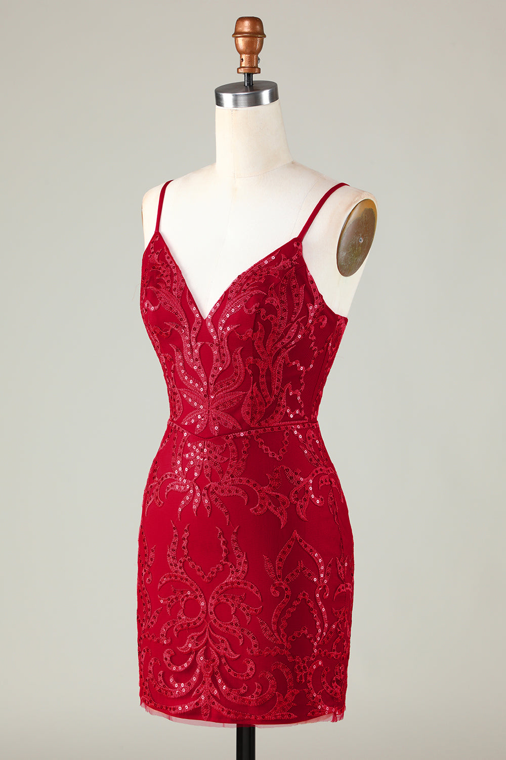 Robe de bal courte moulante à bretelles spaghetti en sequins rouge foncé scintillants