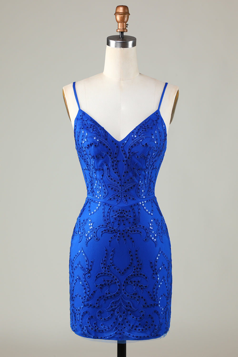 Robe de bal courte moulante à bretelles spaghetti en sequins rouge foncé scintillants