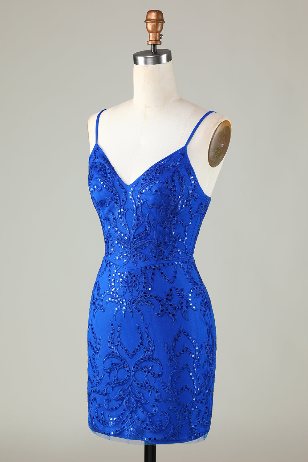 Robe de bal courte moulante à bretelles spaghetti en sequins rouge foncé scintillants
