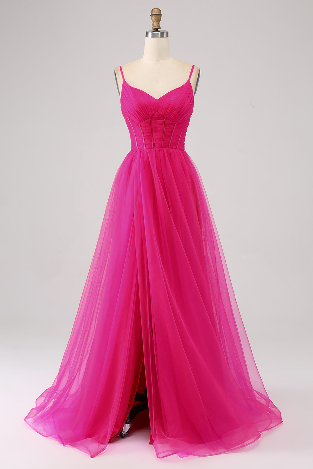 Robe de bal longue fuchsia ligne A avec bretelles fines, corset et fente