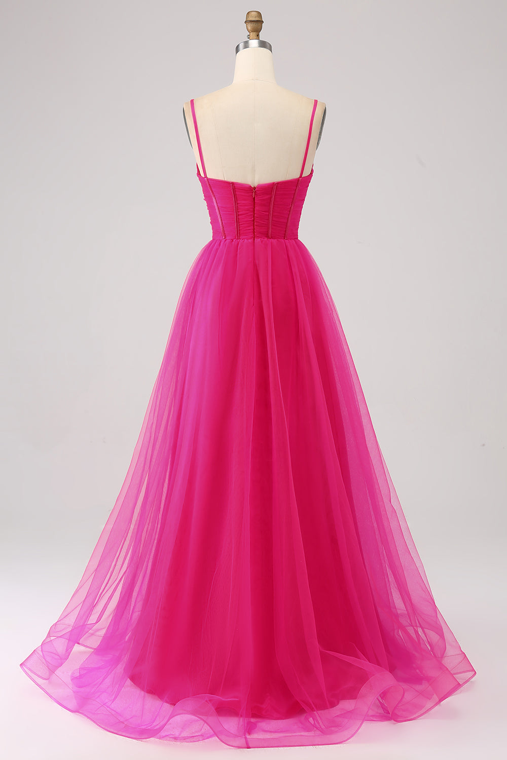 Robe de bal longue fuchsia ligne A avec bretelles fines, corset et fente