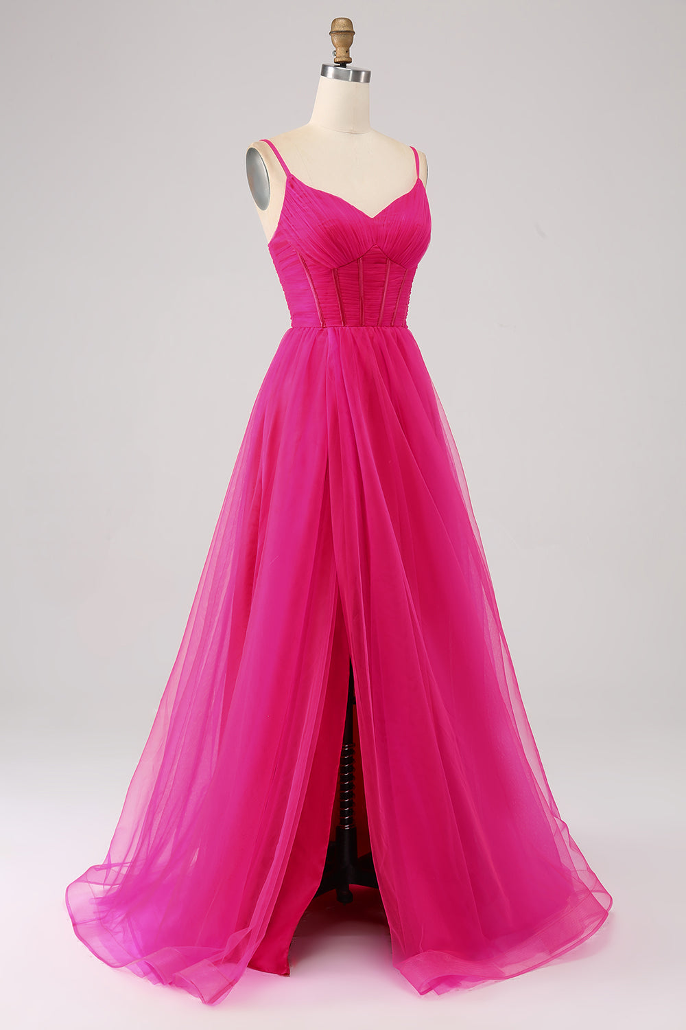 Robe de bal longue fuchsia ligne A avec bretelles fines, corset et fente