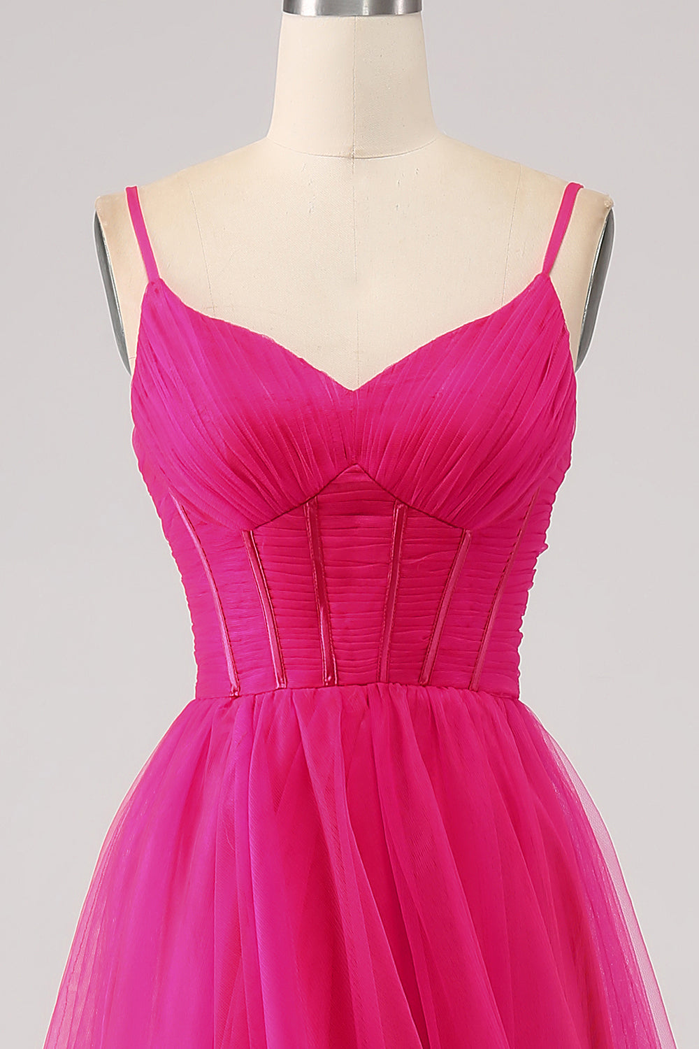 Robe de bal longue fuchsia ligne A avec bretelles fines, corset et fente