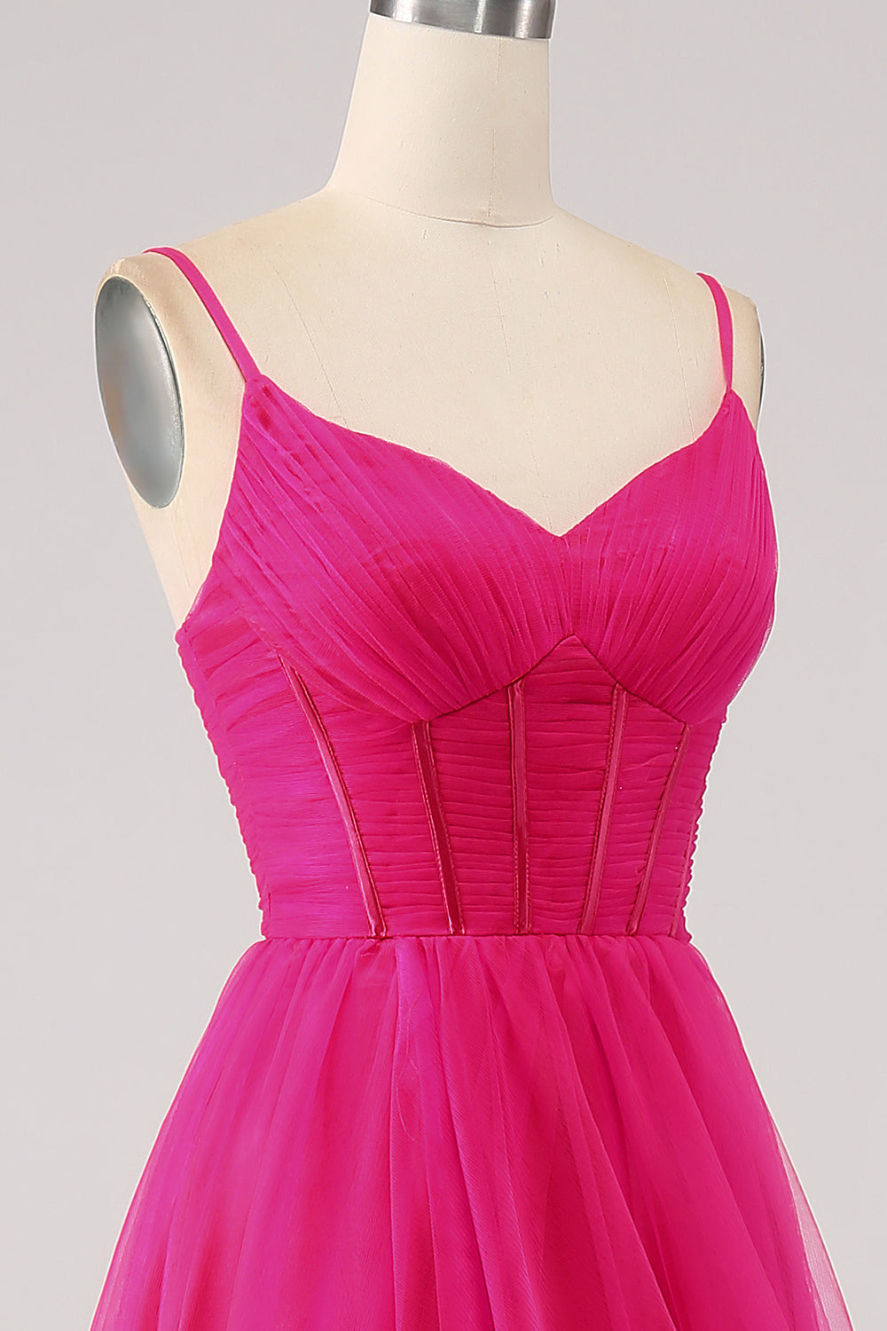 Robe de bal longue fuchsia ligne A avec bretelles fines, corset et fente