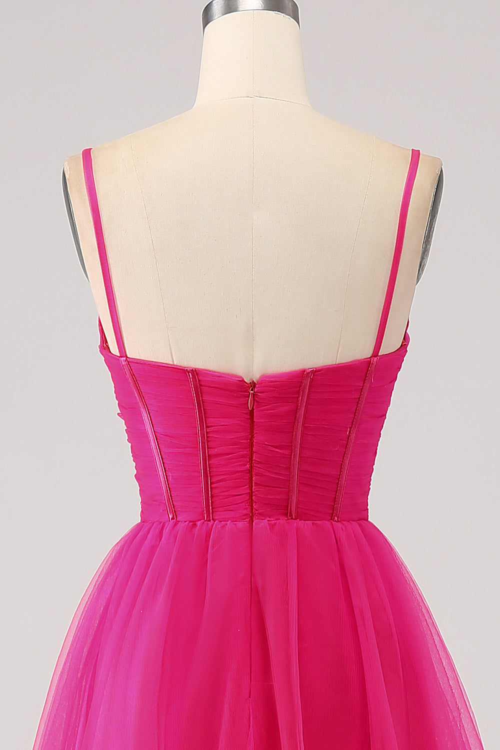Robe de bal longue fuchsia ligne A avec bretelles fines, corset et fente