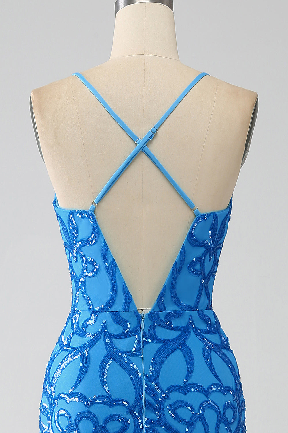 Blue Mermaid Spaghetti Straps Sequins Long Prom Dress