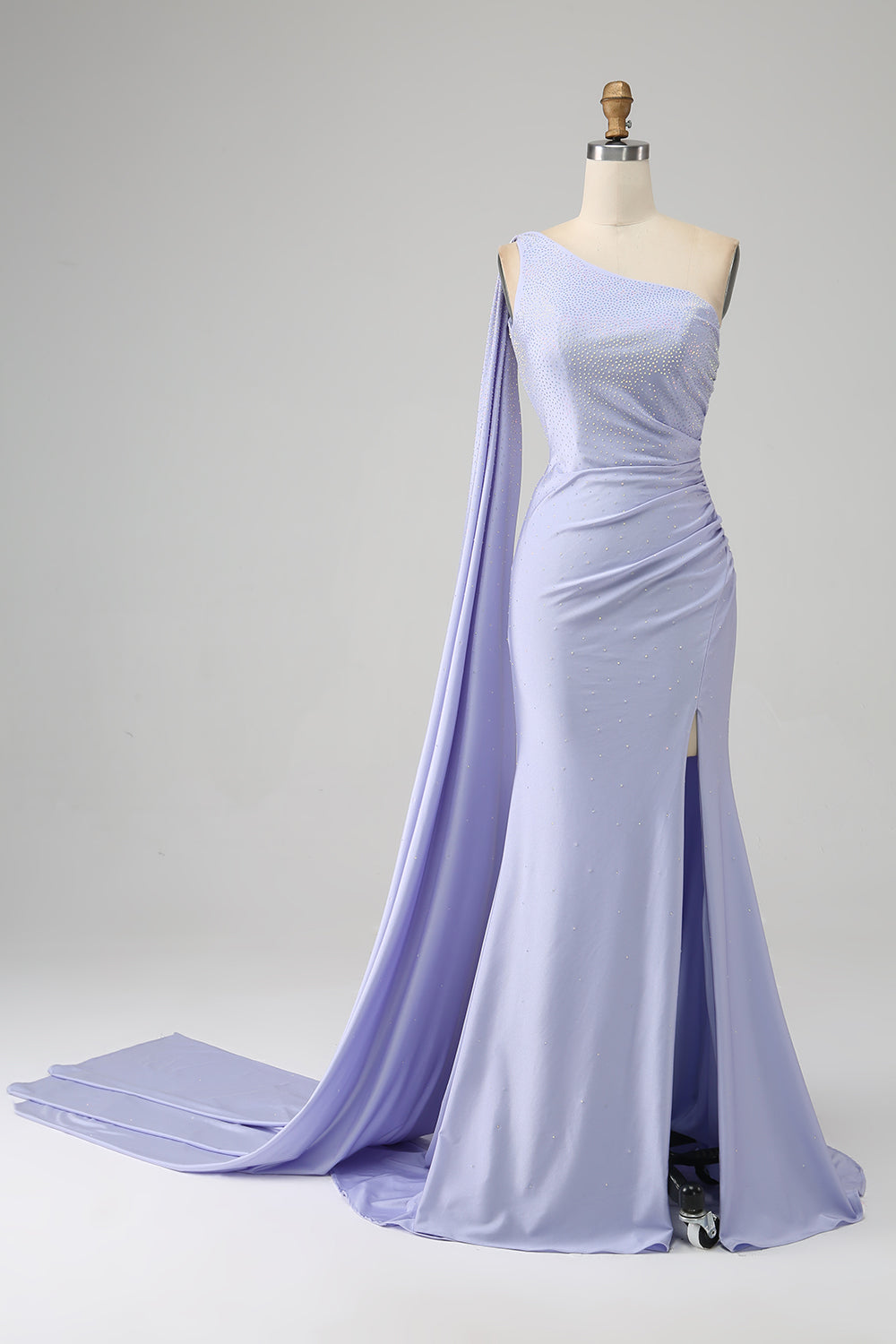 Robe de bal sirène longue fendue à une épaule lilas