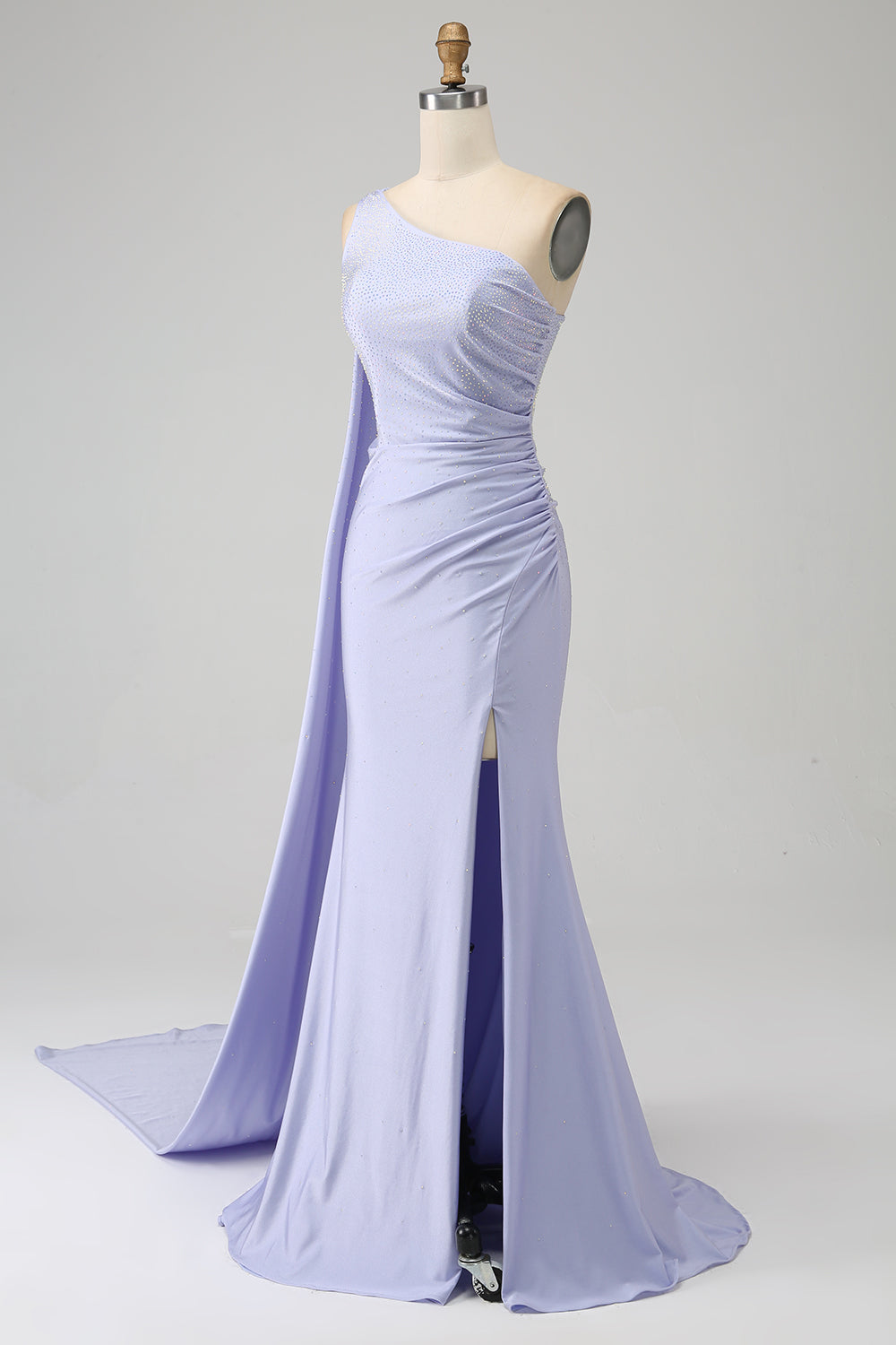 Robe de bal sirène longue fendue à une épaule lilas
