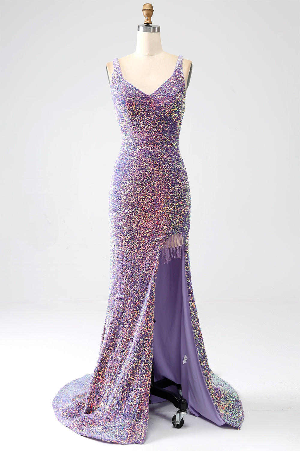 Robe de bal sirène violet clair scintillante à sequins avec fente