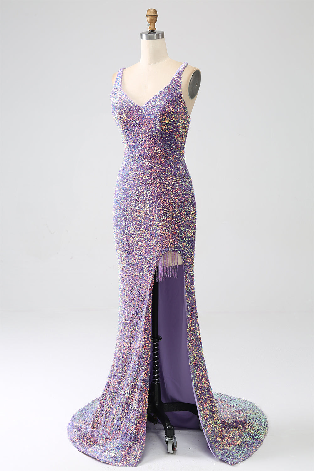 Robe de bal sirène violet clair scintillante à sequins avec fente