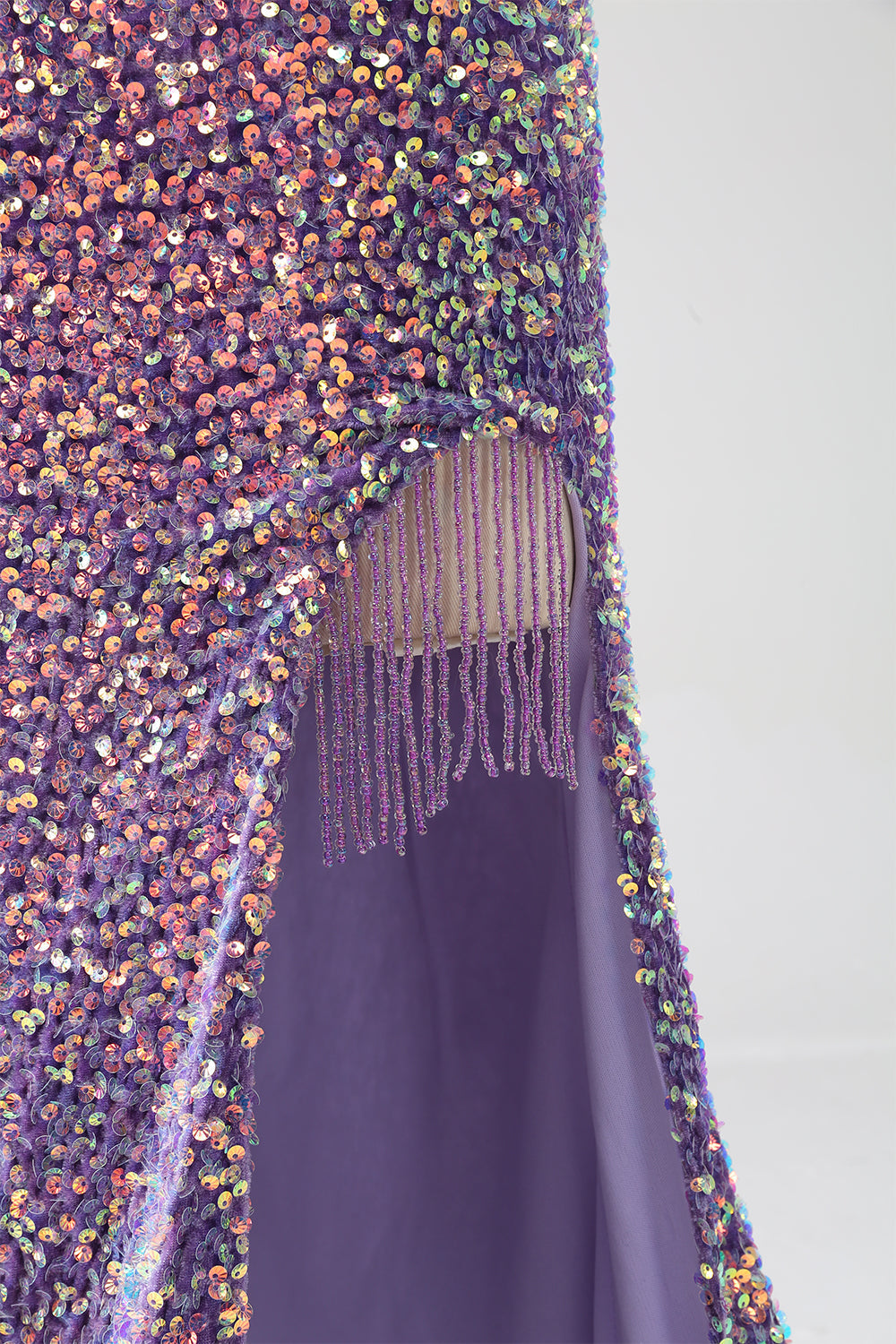 Robe de bal sirène violet clair scintillante à sequins avec fente