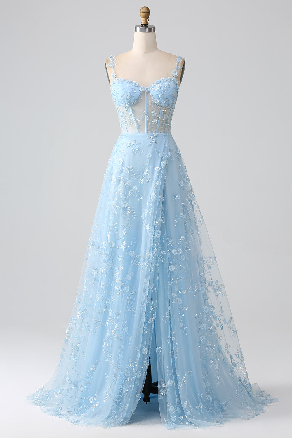 Robe de soirée scintillante bleu ligne A à fines bretelles avec corset à paillettes et fente