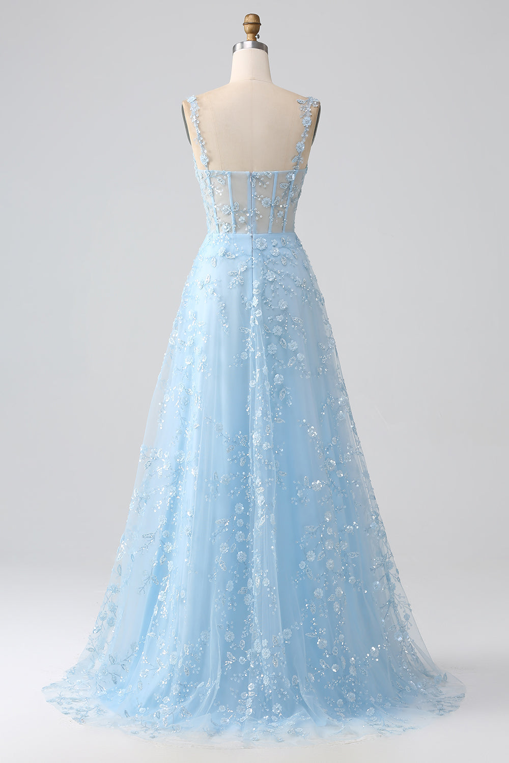 A-line blush spaghetti straps sequin corset prom dress with slit