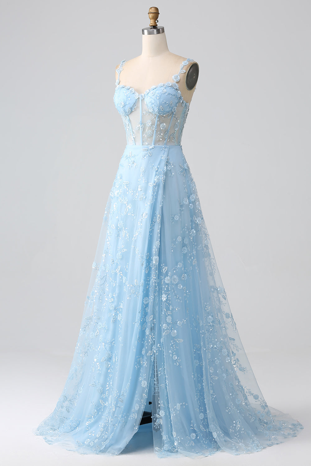 Robe de bal fendue coupe trapèze à bretelles spaghetti, corsage sequin et blush pailleté