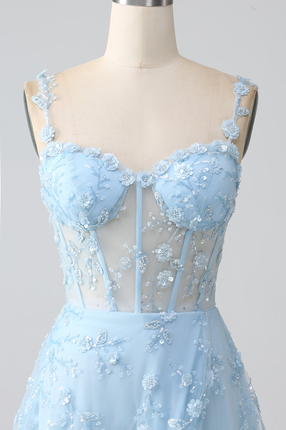 Robe de soirée scintillante bleu ligne A à fines bretelles avec corset à paillettes et fente